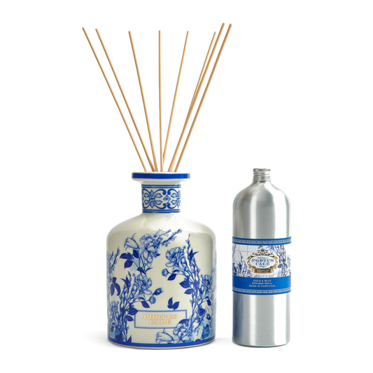Portus Cale Gold & Blue Ceramic Diffuser Bottle 2L – shown with refill and reeds