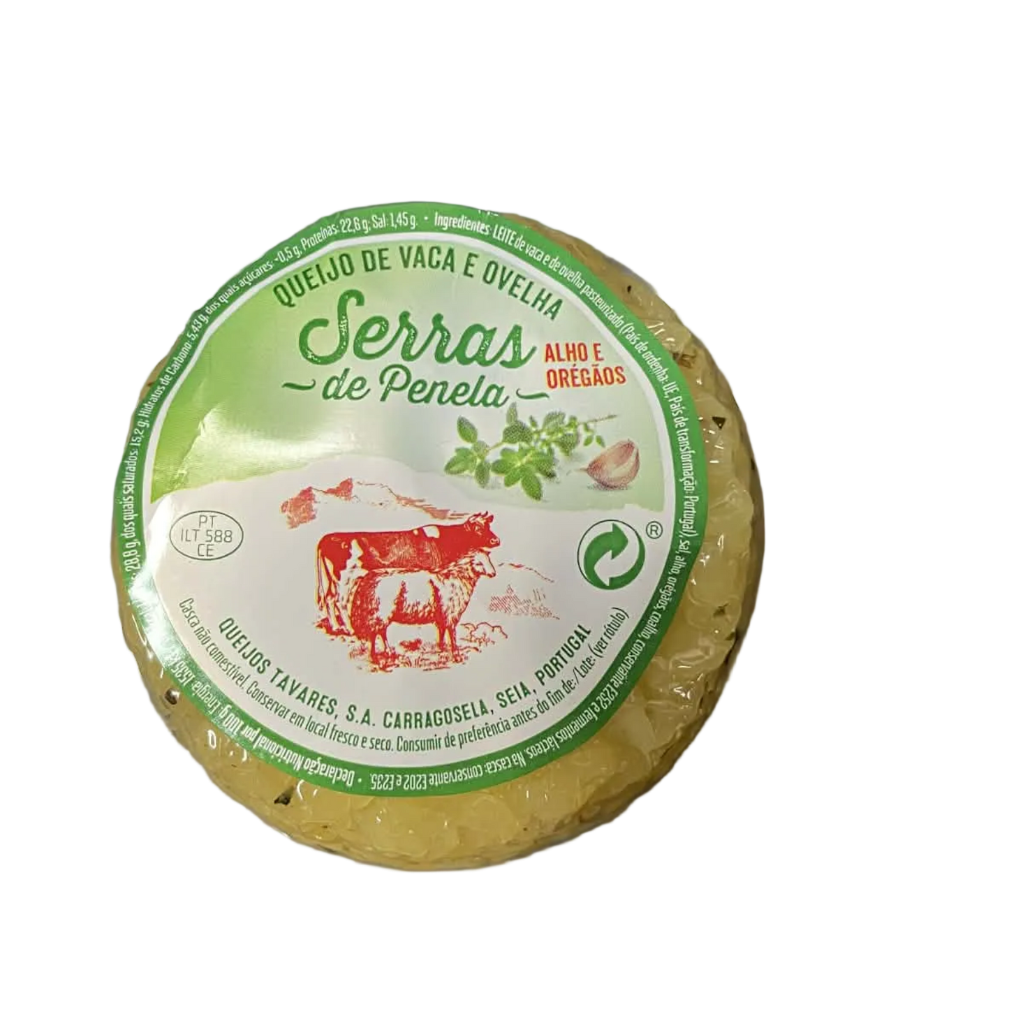 Round cheese with green label on a white background