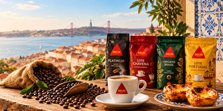 Portuguese coffee in Lisbon with espresso, coffee beans and pastéis de nata