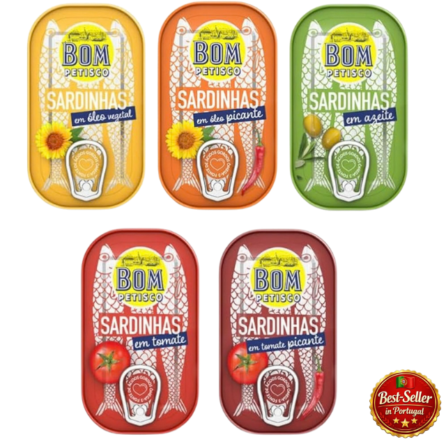 Five tins of Bom Petisco sardines with different flavors on a white background.