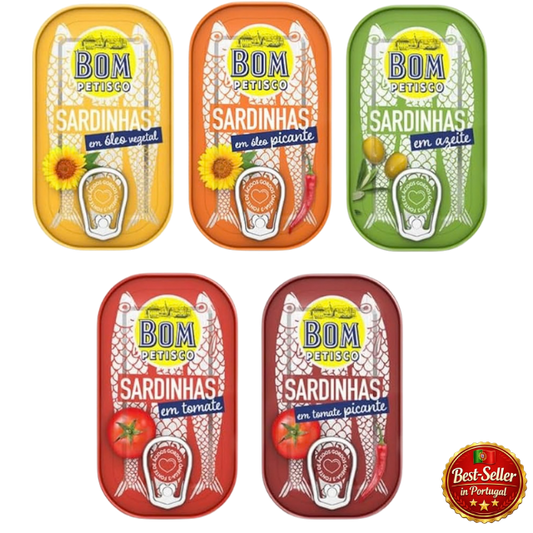 Five tins of Bom Petisco sardines with different flavors on a white background.
