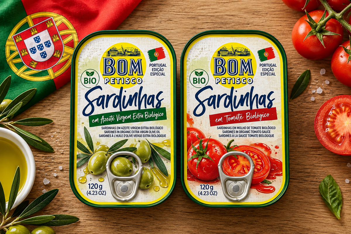 🇵🇹 Bom Petisco BIO portugalski zestaw degustacyjny sardynek (2 × 120 g) – edycja z flagą Portugalii