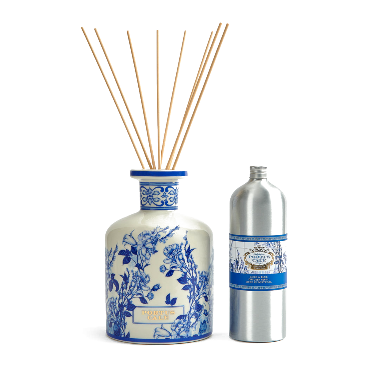 Portus Cale Gold & Blue Ceramic Diffuser Bottle 2L – shown with refill and reeds