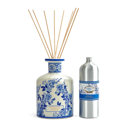Portus Cale Gold & Blue Ceramic Diffuser Bottle 2L – shown with refill and reeds