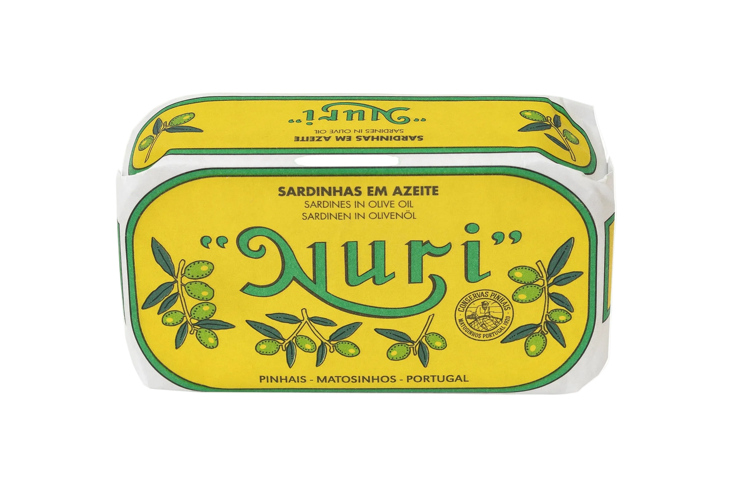 Nuri sardine packaging with yellow and green design on a white background