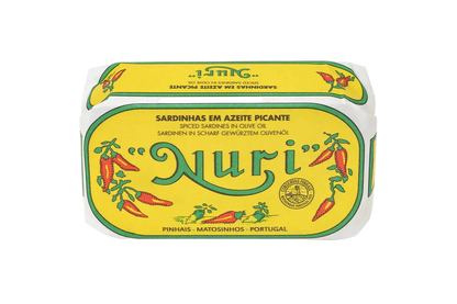 A tin of Nuri Spiced Sardinhas em Azeite Picante (spiced olive oil preserved fish) on a plain white background.
