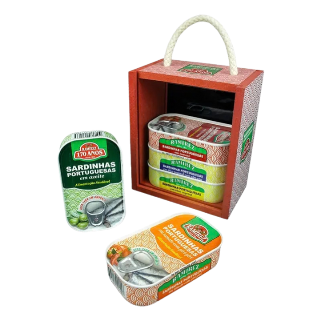 Collection of sardine tins with packaging on a white background