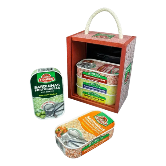 Collection of sardine tins with packaging on a white background