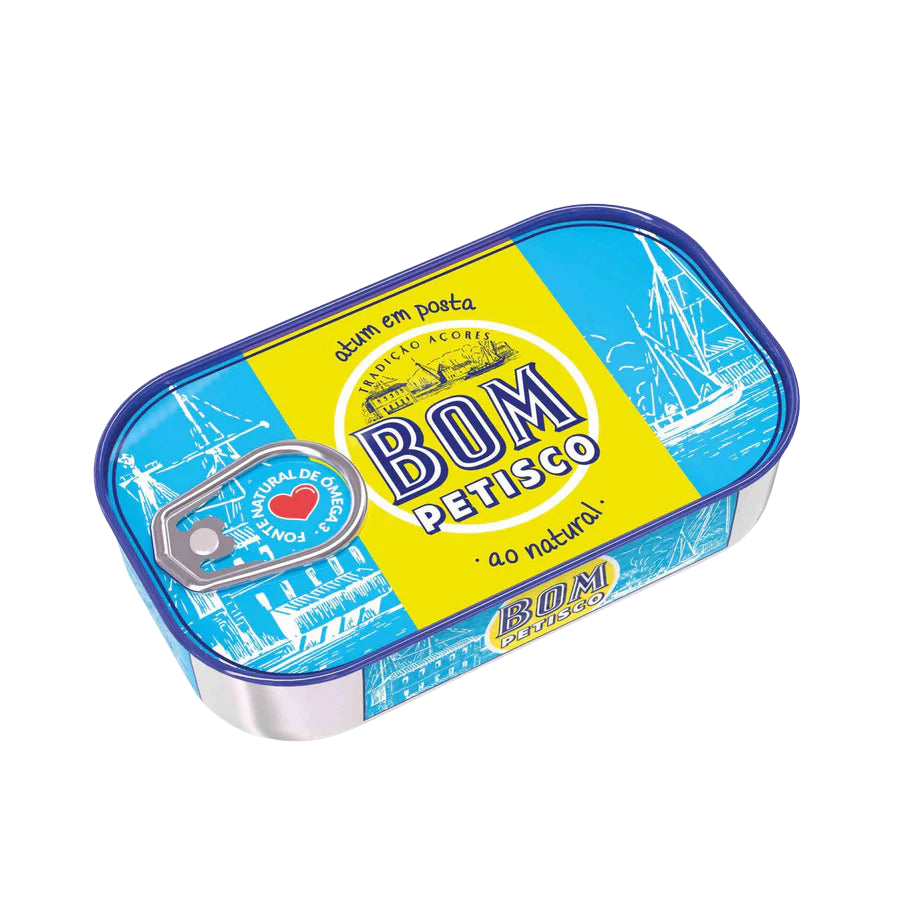 Bom Petisco snack tin with blue and yellow design on a white background