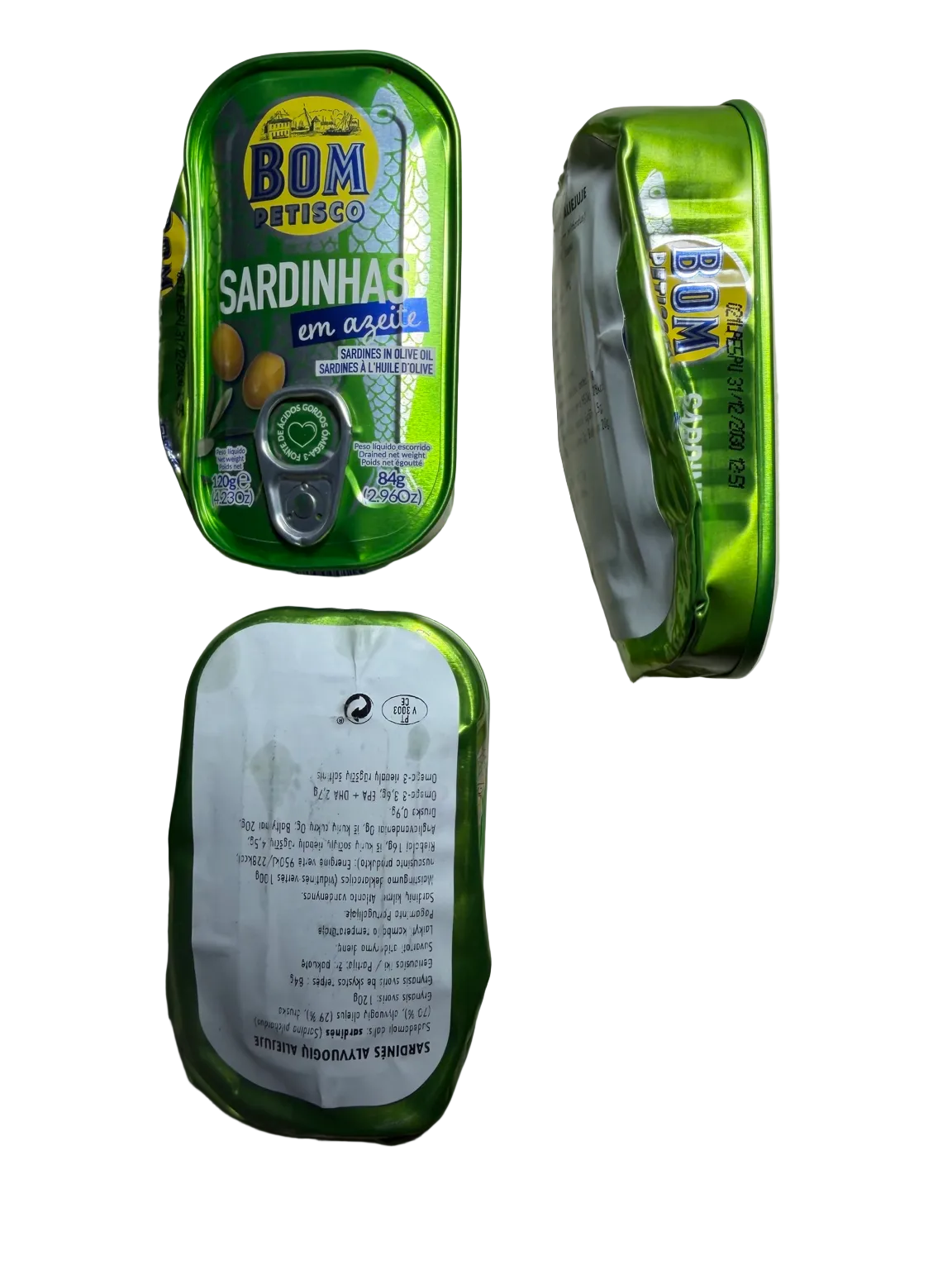 Green can of sardines with its lid open on a light gray surface