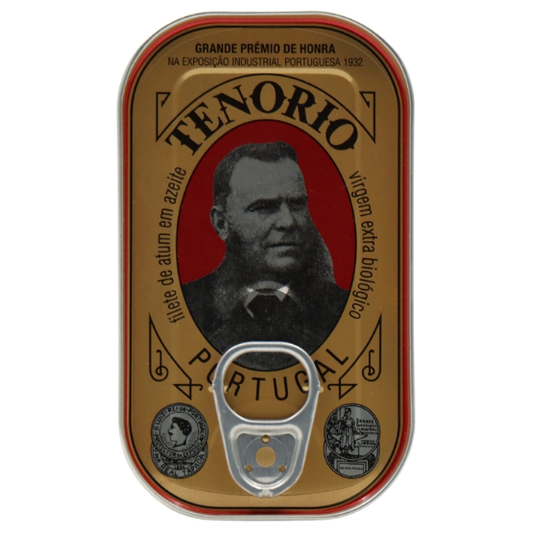 Metal can with 'Tenorio' branding and a portrait on a white background